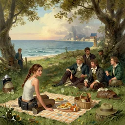 Lara Croft picnicking, Ivan Aivazovsky, Christopher Balaskas, Noah Bradley, Albert Bierstadt, Jim Burns, Edwin Church, Frederic Thomas Cole, Brown Durand, Asher David Friedrich, Caspar James Gurney, Johnson Heade, Martin Raphael Lacoste, Ted Nasmith, Andreas Rocha, Christophe Vacher