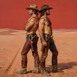 a homoerotic painting, greg rutkowski, alphonse mucha j. c. leyendecker of two attractive hairy cowboy gunslingers in love standing back to back | bandoliers, shirtless, leather clothing | red desert background | natural lighting, path traced, highly detailed, high quality, digital painting | by tom of finland | trending on artstation