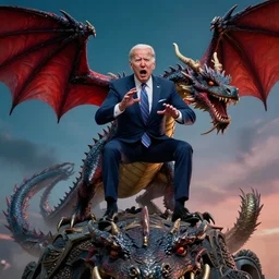 Joe Biden on top of a dragon, terrified, artistic, 8k