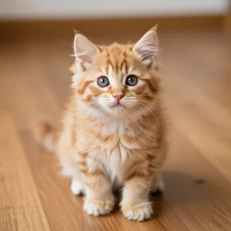 cute fluffy orange tabby kitten, wooden floor
