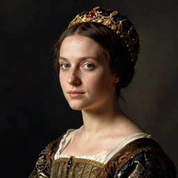 portrait of young woman in renaissance dress and renaissance headdress, art by henri cartier - bresson