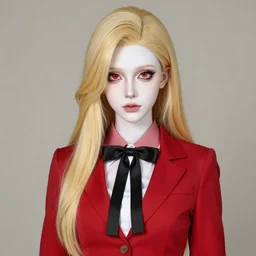 8 k, hyperealistic, render of a tall, skinny young female adult with blonde, long hair. she also has white skin and is wearing a red suit top with a black bow tie, black eyeliner, red pupils with light yellow eyes.