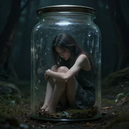 a lonely girl locked in. Glass jar trying to escape, dark fantasy, unreal engine, realistic, fantasy world, objects