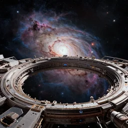 intergalactic stargate portal in a space station with a view of a nebula in the background by louis icart