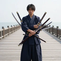 a samurai showing off a collection of swords, located on a boardwalk in tokyo japan, by frank frazetta, yoji shinkawa, james jean, banksy, beeple, stik, jeff koons, takashi murakami, gary baseman, jim lee, ryan ottley, quentin tarantino film, a 1 one, shepard fairey