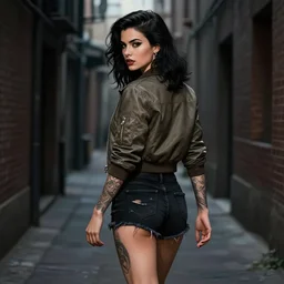 tattooed sexy pinup girl wearing an aviator jacket and ripped black shorts walking in a dark alley, deep focus, turnaround, highly detailed, digital painting, artstation, concept art, matte, sharp focus, illustration, elegant, art by artgerm and greg rutkowski and alphonse mucha.