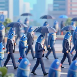 a city full of upright walking fish wearing suits and carrying umbrellas, octane render, digital illustration
