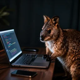 A quokka writing code late at night on his laptop, only lit by the laptop screen, 8K 50mm f/1.4