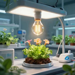 plant laboratory ， hydroponics flower ， research office ， incandescent lamp ， future science fiction, hyperdetailed, trending on artstation