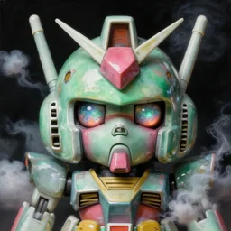 a baroque neoclassicist renaissance close - up portrait of a green and pink iridescent whimsical 1 8 0 0 s japanese mecha gundam doll - face with big glowing eyes. reflective detailed textures. puffy clouds, dark black background. highly detailed fantasy science fic tion painting by moebius, norman rockwell, frank frazetta, and syd mead. rich colors, high contrast. artstation
