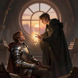 a short - haired wizard in a cloak resurrects a dead armored man, light aura around the wizard's hands, in a wizard's study with a round window at sunset, trending on artstation, digital art ( by jesper ejsing ) ( by clint cearley ) ( by raluca marinescu )