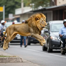 a lion jumping over a busy street