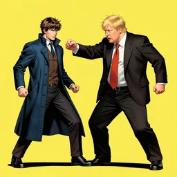 marvel comic of The Tenth Doctor punching Boris Johnson, vibrant, solid background