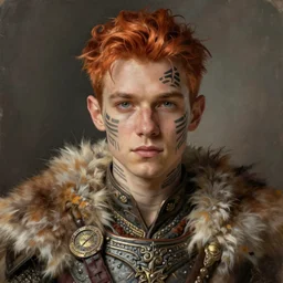portrait painting of an elven young man with short ginger hair and tribal tattoos on his cheeks wearing fur armor, sharp focus, award - winning, trending on artstation, masterpiece, highly detailed, intricate. art by rebecca guay