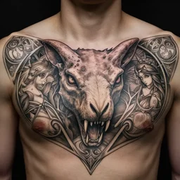 sabretooth chest tattoo, deep focus, d & d, fantasy, intricate, elegant, highly detailed, digital painting, artstation, concept art, matte, sharp focus, illustration, hearthstone, art by artgerm and greg rutkowski and alphonse mucha