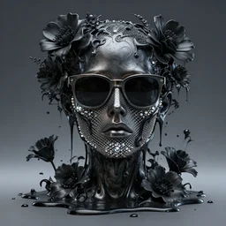 a head made out of melting metal, dark palette, it is wearing sunglasses and a net face with crystals, there are flowers all around it, black paint melting, vogue cover style, demonic style, smooth fractal style, ethereal fantasy style, 3 d perfect render style, horror style