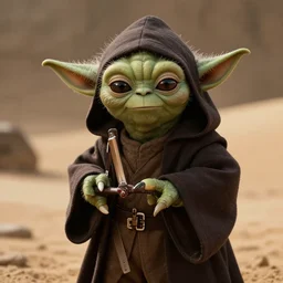 still of evil Yoda from Starwars, hooded Sith Lord, in the desert, cinematic lighting, cinematic composition, depth of field, award-winning