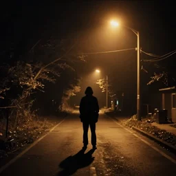 single shot, full shot, a dimly lit road, silhouette of eerie figure against the street light, vhs look, 1 9 9 0 s,
