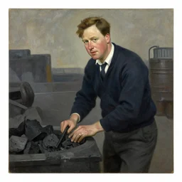 painting of david cameron working in the coal mines, painted by laurence stephen lowry, oil on canvas, national gallery