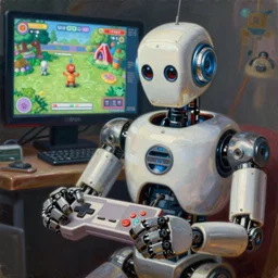 an elaborate robot using a retro game controller with its hands, on screen video game shown in background, pixar animation, intricate details, hyperrealistic oil painting on canvas, deep depth field, hd, hdr, 4 k, 8 k, by gerardo dottori, oil on canvas