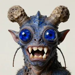 close up portrait of a mutant monster creature with four lapis - lazuli eyes, knife - like teeth, round conch fractal horns, insect antennae. jan van eyck, audubon