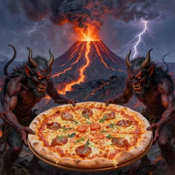 masked demons grabbing a large pizza!!!, in the background is a volcano spewing lava and black smoke, streams of glowing hot lava, flashes of lightning in the distance. wide angle, long shot, an ultrafine detailed painting by claude monet, deviantart, pop surrealism
