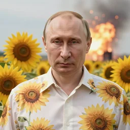 photo portrait of Putin - sunflowers -  dressed in leisure shirt with ornamental  ethereal  sunflower pattern, natural skin tone, raging war and explosions in the background, face is highly detailed, elegant, Realistic, Refined, Highly Detailed, natural soft pastel lighting colors scheme, fine art photography by Cecil Beaton, volumetric lighting, hyper realistic photography