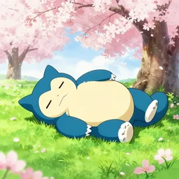 Snorlax sleeping on a field of grass drawn by Ross Tran surrounded by Cherry blossoms, Anime, Post processing, wholesome. ken sugimori, 1990s concept art, ken sugimori