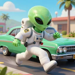 an evil alien astronaut dress as a border patrol officer is chasing an amc marlin lowrider driven by cute fluffy dia de los muertos bunny entering a quantum wormhole, juxtapoz, heavy metal magazine, mad magazine, matte sharp painting