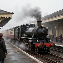 a black steam locomotive pulling a train into a Victorian era crowded train station, slight fog, highly detailed, octane render, unreal engine 5