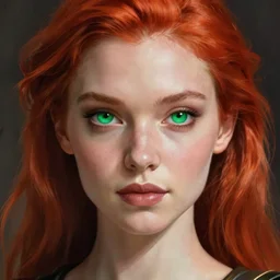 Redhead alien human beautiful hybrid feminine woman with stunning green eyes, very in shape, round face and a roundish nose as a futuristic heroine, gorgeous digital painting, artstation, concept art, smooth, sharp focus, illustration, art by artgerm and donato giancola and Joseph Christian Leyendecker, Ross Tran, WLOP