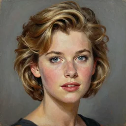 close up of a young Olivia Newton-John, zanadu, Masterpiece, oil on canvas, artgerm, norman rockwell, craig mulins, trending on pxiv,