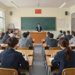 view of a highschool classroom from the teachers desk perspective, hyper detailed mega realistic oil painting art