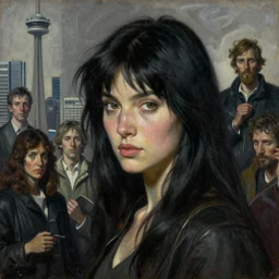 cinematic pic of a tan women, black hair,super cute face,in Toronto,  very detailed ,intricate, desaturated, Tim Hildebrandt, Wayne Barlowe, Bruce Pennington, donato giancola, larry elmore, maxfield parrish, Moebius, Thomas Ehretsmann, oil on canvas, gouache painting, masterpiece, trending on artstation, cinematic composition, dramatic pose, volumetric lighting, sharp, details, hyper-detailed, HD, 4K, 8K