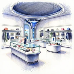 crayon sketch, futuristic store interior with display tables, by krenz cushart
