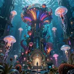 high quality photo of cinematic underwater dystopian cyber - rococo city ruins with giant bioluminescent colorful mutant plants and cyborg jellyfish, digital art masterpiece, aykut aydogdu eric zener, dramatic volumetric light, extreme long shot, ground angle uhd 8 k, sharp focus