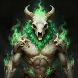 stunning god of bear skull portrait, green fire, beard, muscular, bones, dirt, fantasy, intricate, elegant, highly detailed, digital painting, artstation, concept art, smooth, sharp focus, illustration, art by afshar petros and krenz cushart and artem demura and tony sandoval