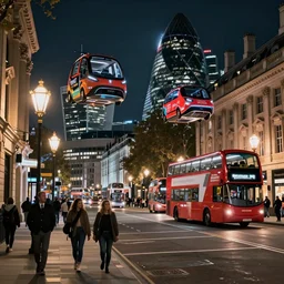 street view of london city at night by cyril rolando and naomi okubo and dan mumford and zaha hadid. flying cars. advertisements. elegant lamps. double decker bus.