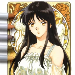 a copic maker manga portrait by yoshiyuki sadamoto and lois van baarle and alphonse mucha of an anime girl highly detailed eyes wearing a futuristic maid uniform lots of zippers, pockets, synthetic materials, by issey miyake and balenciaga 8 k