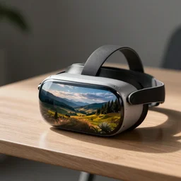 a photo of a vr headset is laying on a table with a realistic landscape displayed on the screen