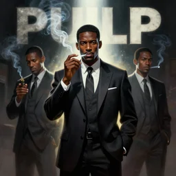 pulp magazine illustration of a black man in a suit smoking, cinematic view, dynamic lighting, volumetric lighting, mysterious highly detailed, 8 k, smooth, digital painting, symmetrical, art by vincent di fate, kehinde wiley, artem demura, frazetta