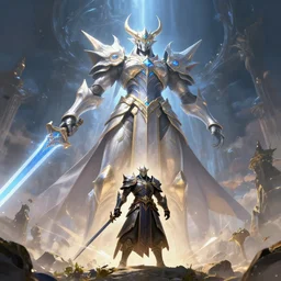 Massive majestic Lightwarden stepping on warrior, final fantasy 14 shadowbringers, Majestic, concept art, 4k, unreal engine, Digital Art