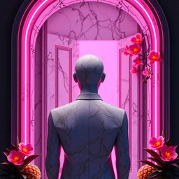 “ a beautiful mannequin made of marble printed in 3 d geometric neon + kintsugi!!, facing a giant doorway opening with a neon pink light, flowering iridescent pineapples + orchids, transcendent, vibrant color, clean linework, finely detailed, 4 k, trending on artstation, photorealistic, volumetric lighting, octane render ”