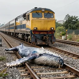 a train stopped in front of a dead whale that's blocking the train tracks, highly detailed, 4k, high quality