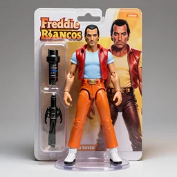freddie mercury action figure, well lit, studio light, painted action figure, toy advertisement, toy package