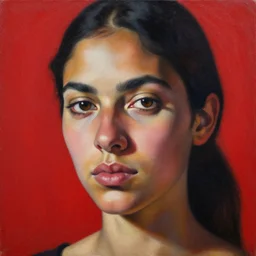 portrait of a latina woman, red background, ultra detailed, extreme close up, oil on canvas, dynamic, strong shadows, 4 k, illustration, by edward hopper, kehinde wiley, kadir nelson