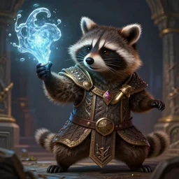 closeup 3 5 mm anthropomorphic royal sorcerer raccoon with a large head casting a glowing water spell in a dungeon, d & d, fantasy, intricate, action pose, elegant, particle effects, highly detailed, digital painting, artstation, concept art, matte, sharp focus, volumetric lighting, illustration, hearthstone, art by artgerm, wlop, greg rutkowski and alphonse mucha