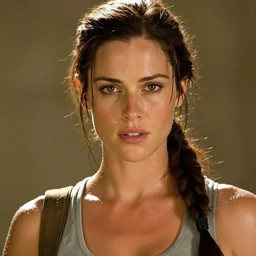 a film still of kaye winslet as lara croft, sweat, direct sun light, close up potrait, cinematic,