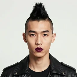 front close up portrait of a young beautiful asian man with a mohawk haircut, wearing a leather jacket, maroon lips, blank background, by kehinde wiley, kadir nelson, norman rockwell