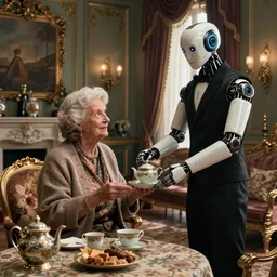 VFX movie portrait of old woman served tea by a futuristic butler robot in a decadent living room by Emmanuel Lubezki